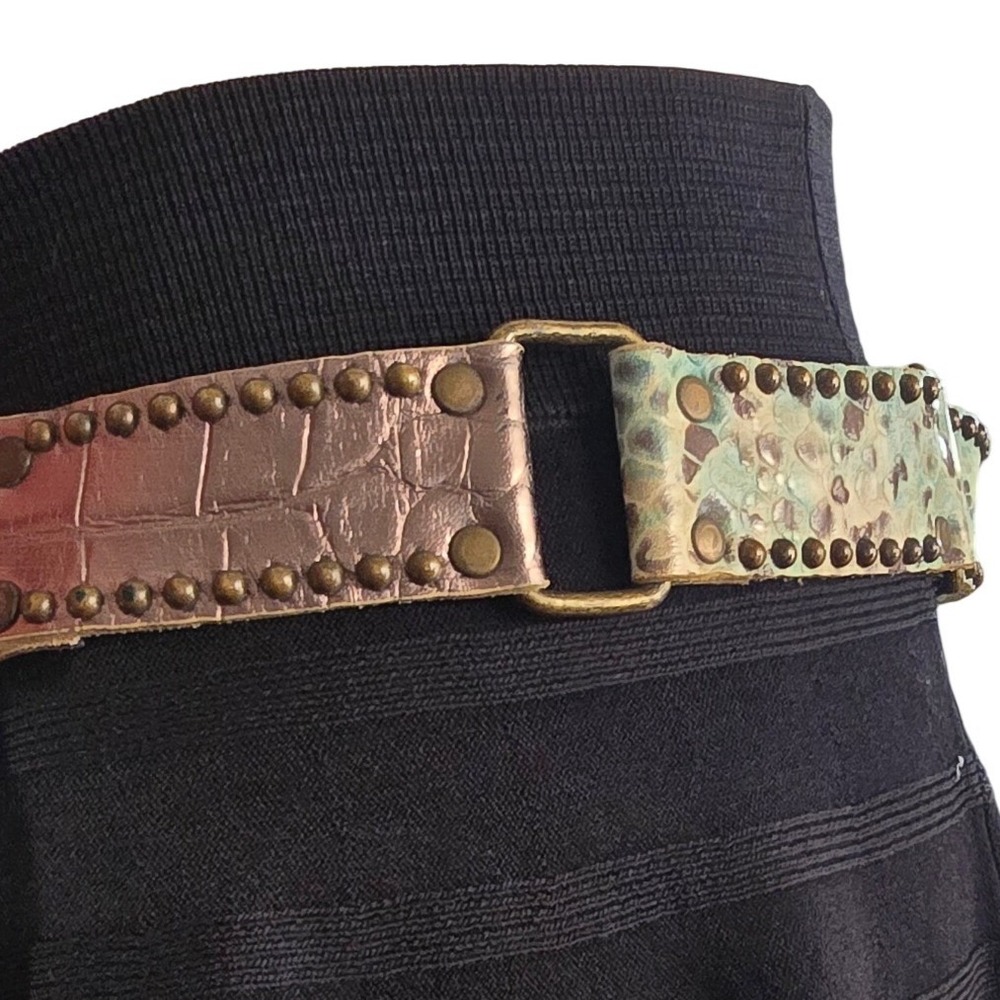 Leatherock USA Mixed Leather Studded Link Belt Blue Teal Bronze Boho M35 3941 - Picture 4 of 7
